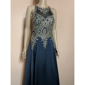 Navy and gold embellished floor length dress